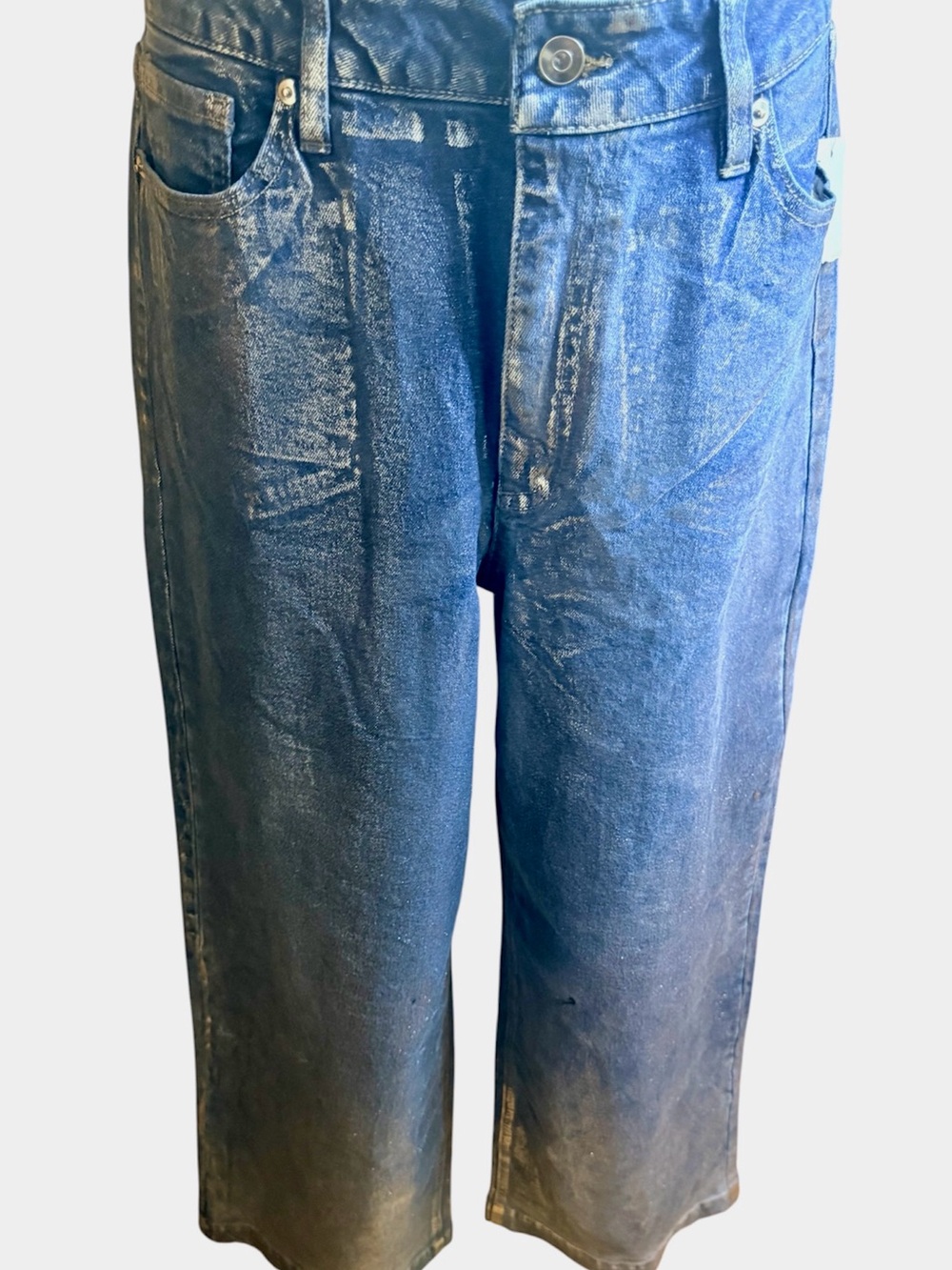 Bar III Relaxed Wide-Leg Jeans in Washed Blue with silver metallic overlay